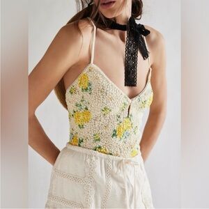 NWT Free People Floral ruched bodysuit lemon drop size small